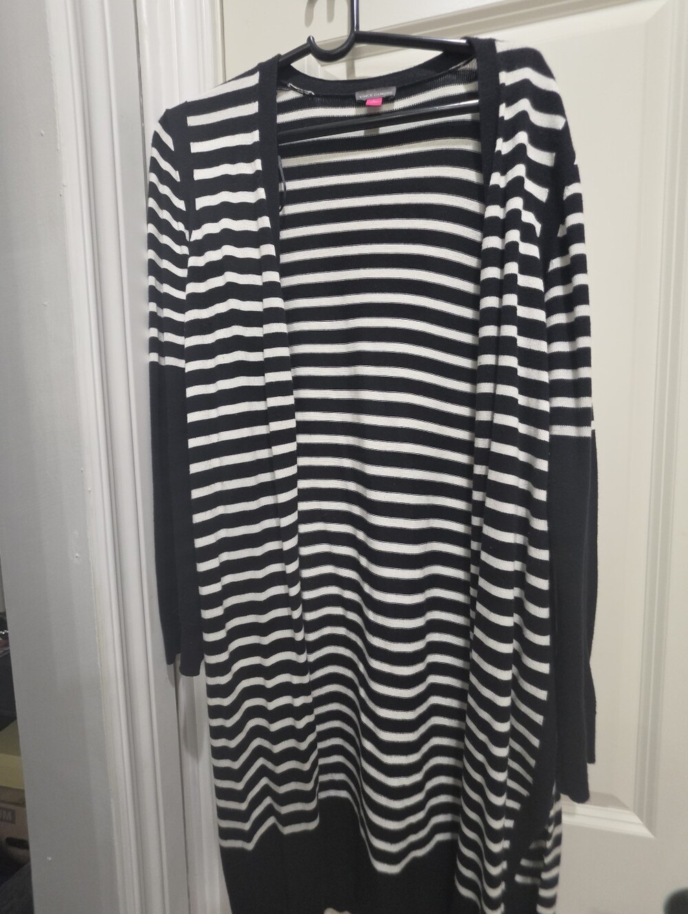 Vince Camuto Black and White Striped Open-Front Cardigan
